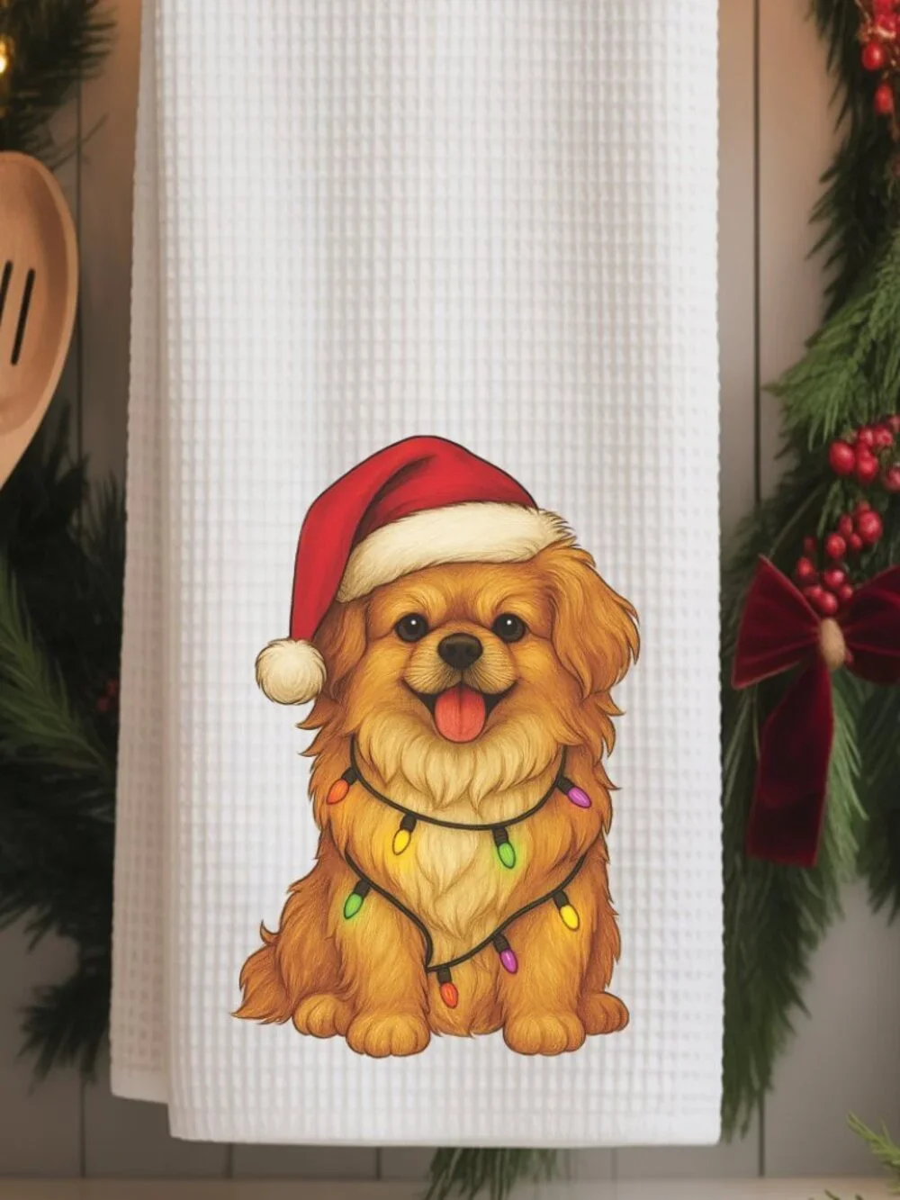 Tibetan Spaniel Christmas Lights Decorative Kitchen Tea Towel